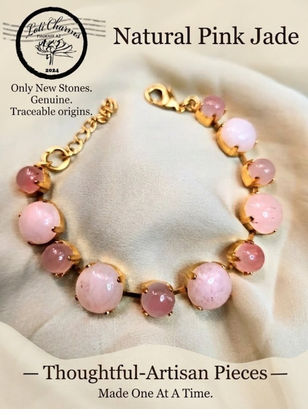 Organic Luxe: Natural Serene Pink Jade In Classic Gold Plated Tennis Bracelet